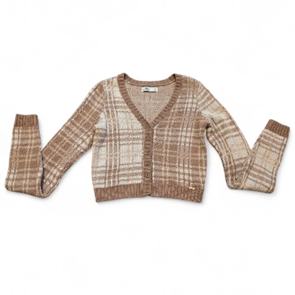 Hollister Tan and Cream Plaid Cardigan SMALL